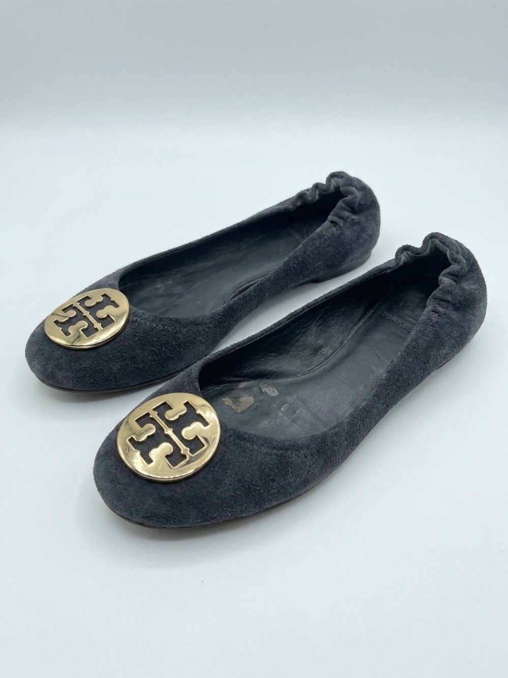 Tory Burch Reva Black Suede Gold Logo Ballet Flats Size 8